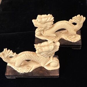 Pair of Carved Faux Ivory Dragon Figurines on Wood Bases